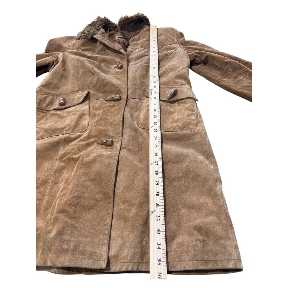 Vintage Suburbia Leather Suede Shearling Trim Coat Womens Xl Brown Toggle Button - Picture 10 of 14